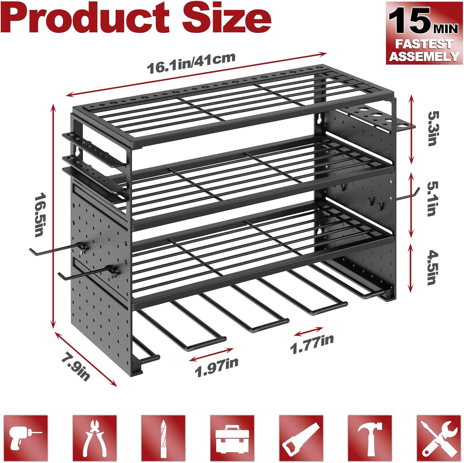 ODSNANIE 16" 4-Tier Black Metal Power Tool Wall Organizer